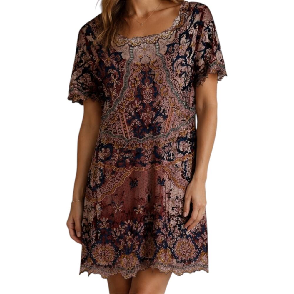 Sundance Dress Lace Sheer Scalloped Cover Up Mini Floral Embroidered Maroon S